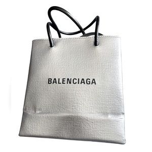Balenciaga metallic leather silver small shopper branded tote bag.